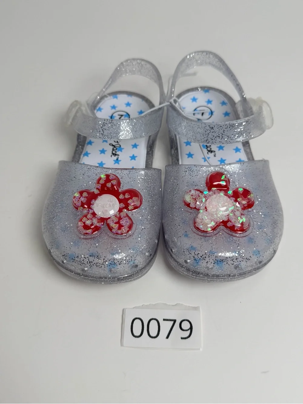 Cat & Jack Clear Silver Glitter Jelly Sandals with Red Flower Accent